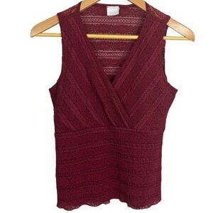 Vintage Y2K Suzy Shier Lace Baby Doll Top Sz S Burgundy Red Sheer V-Neck Tank